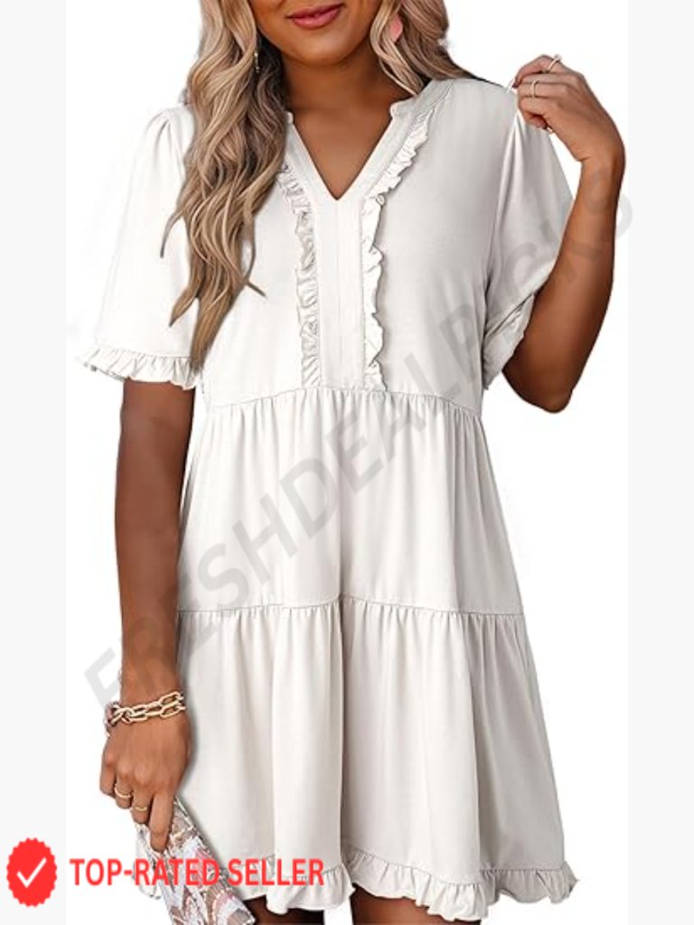 V Neck A Line Mini Dress Ruffle Babydoll Tiered Hem Swing Fit Casual